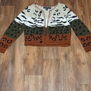 Animal Print Cardigan Sweater Embroidered Open Front  Color Block Size Large